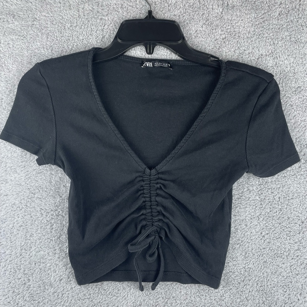 Zara Black Gathered V-Neck Tee